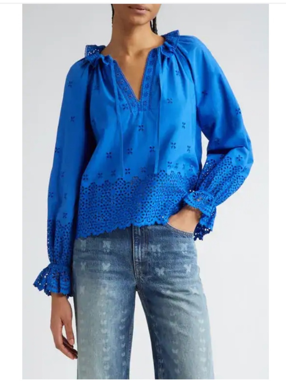 ULLA JOHNSON Alora Ruffle Eyelet Tie Neck Top In Cobalt Size 4